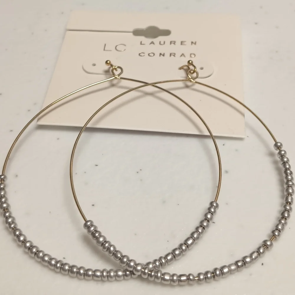 LAUREN CONRAD GOLDTONE LARGE BEADED HOOPS - Picture 2 of 5